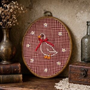 Hand-Embroidered Goose Oval Hoop Art on Burgundy Gingham